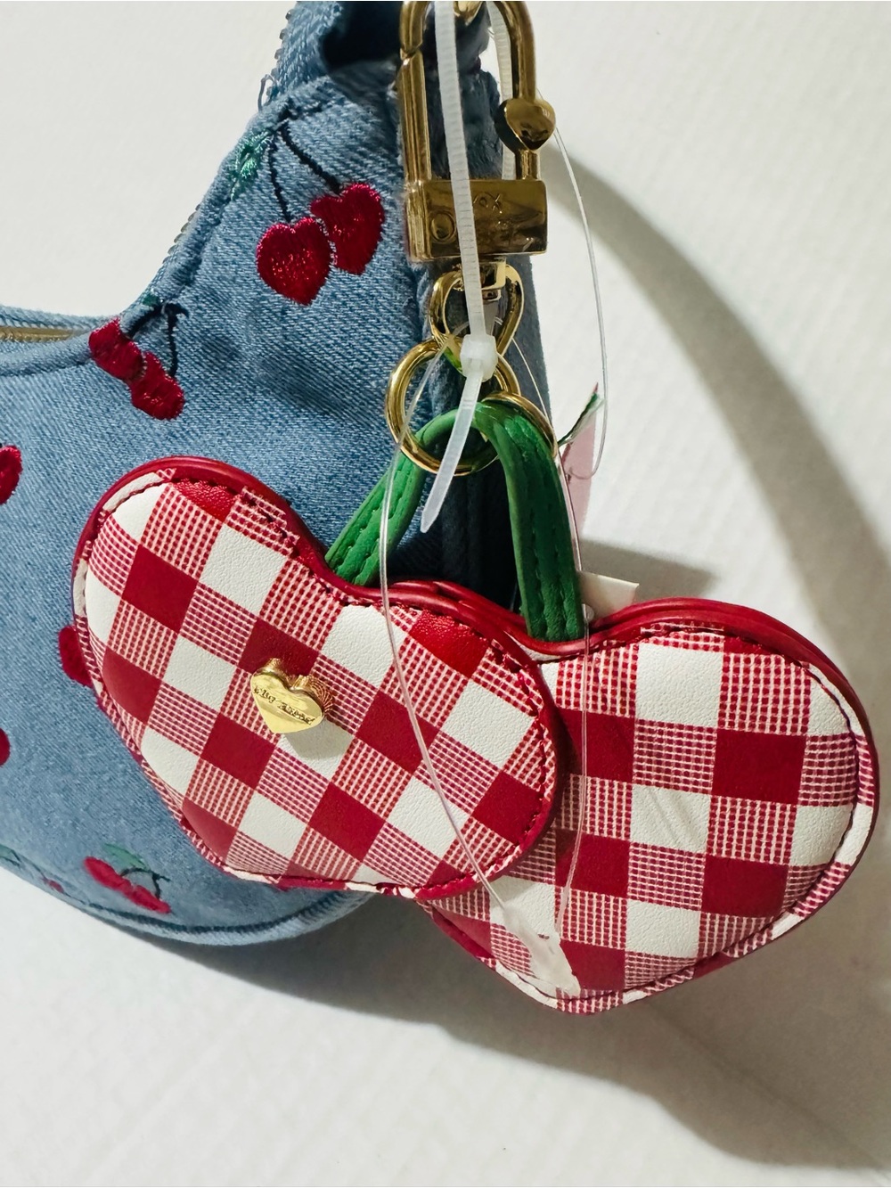 Betsey Johnson denim xonorthy Cherry Embroidered Shoulder Bag with charm BNWT - Picture 4 of 10